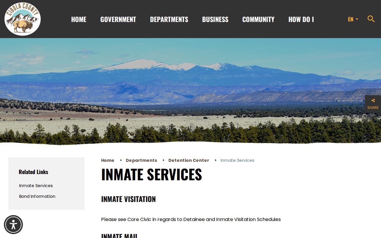 Cibola County 72-hour release search limitation on the Inmate Services page