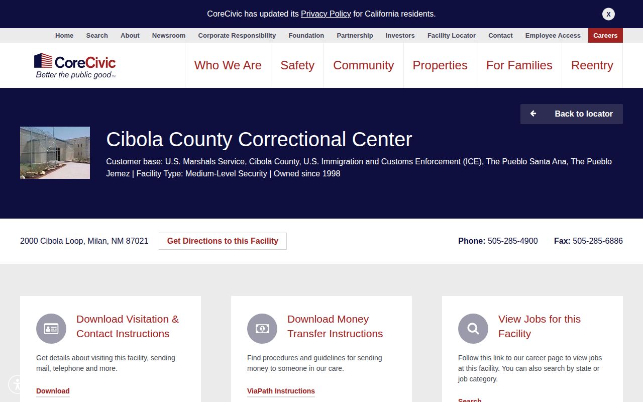 Cibola County Correctional Center release contact and operator page