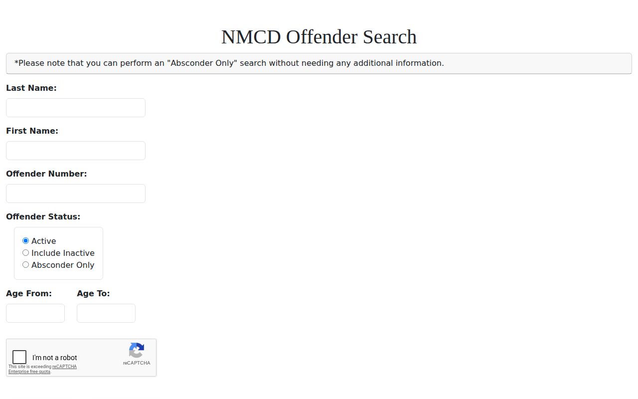 NMCD search fields for Cibola County released inmates