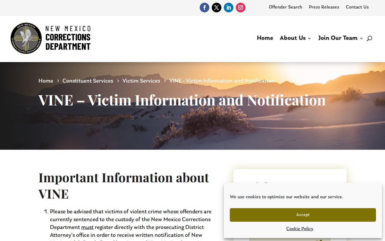 New Mexico instructions for Cibola County VINE release alerts and PIN use